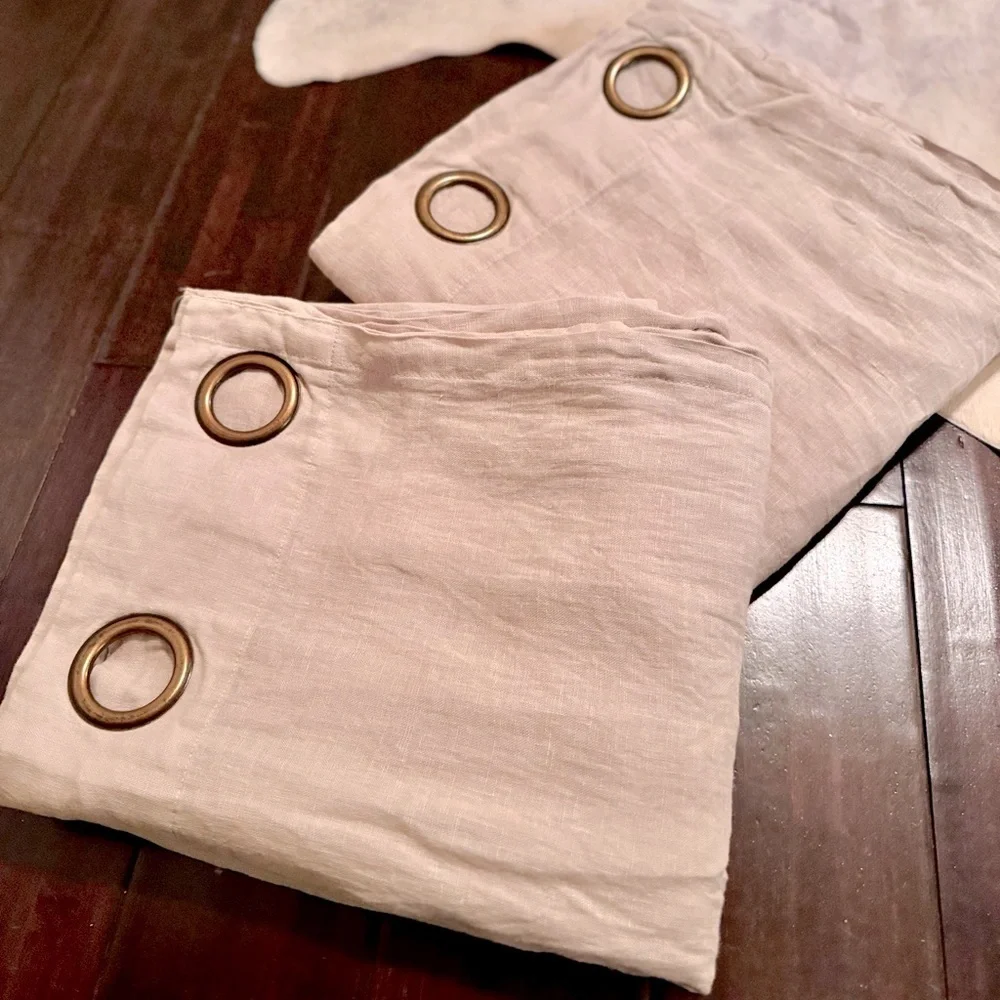 Pair of 2 Beige Khaki 100% Linen Curtain Panels w Grommet Rings 102”